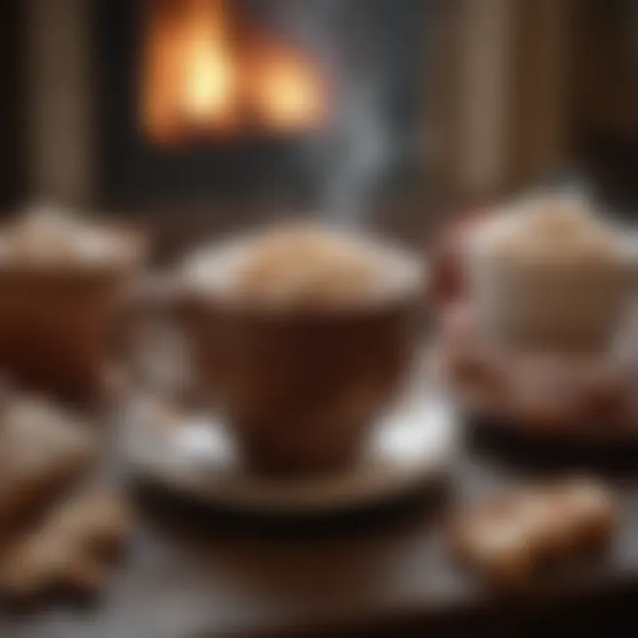 A cozy setting with a steaming cup of hot cocoa beside a fireplace