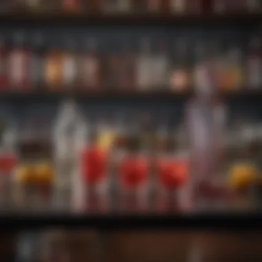 A sophisticated bar setup featuring vodka bottles and cranberry juice ready for cocktail creation.