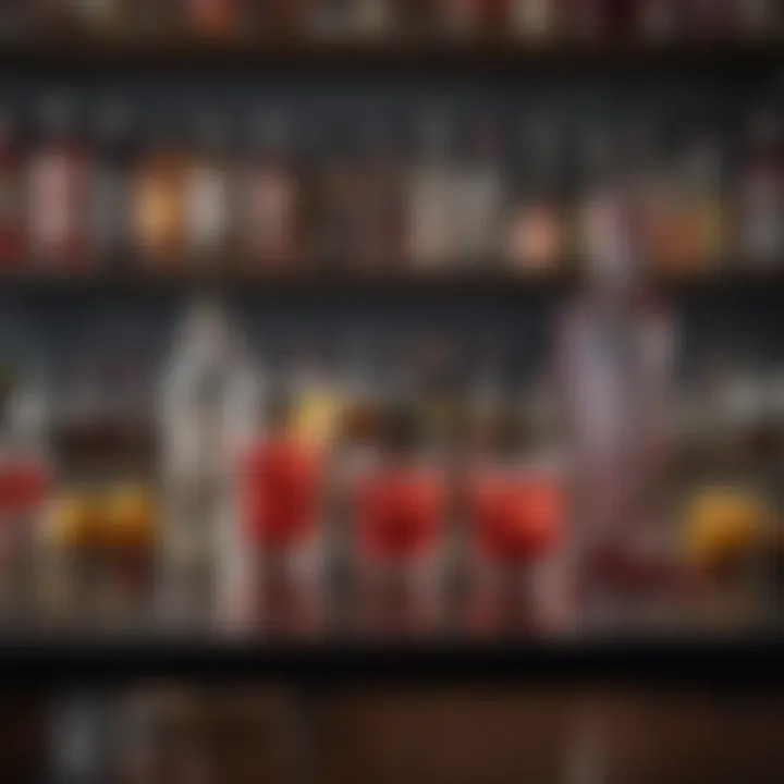 A sophisticated bar setup featuring vodka bottles and cranberry juice ready for cocktail creation.