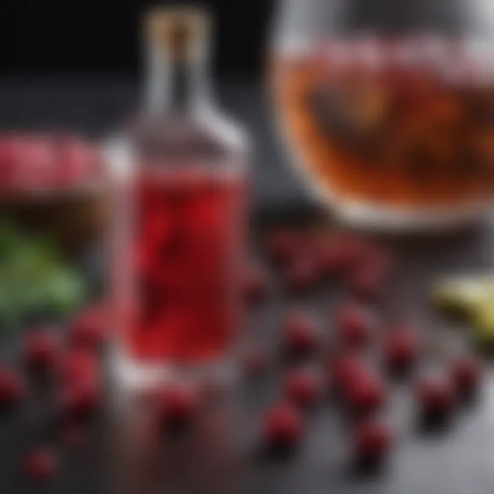 An array of ingredients laid out for crafting the perfect vodka and cranberry drink.