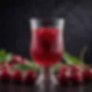 Rich Red Cranberry Juice An elegant glass showcasing the rich red hue of cranberry juice against a backdrop of fresh cranberries.