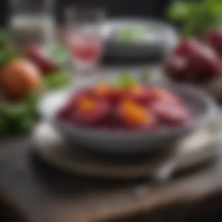 A colorful table setting featuring beet dishes and garnishes
