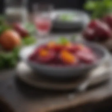 Elegant Beet Dish Presentation A colorful table setting featuring beet dishes and garnishes