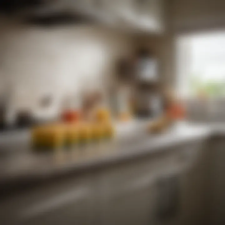 A kitchen counter organized with sterilized sponges and cleaning supplies.