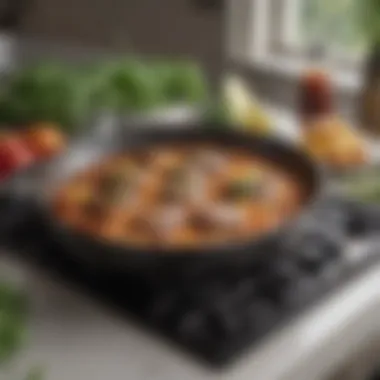 HSN cast iron skillet on a stove, surrounded by fresh ingredients, highlighting its versatility.