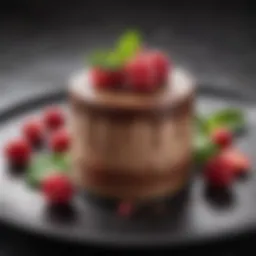 An elegant chocolate mousse topped with fresh raspberries and mint