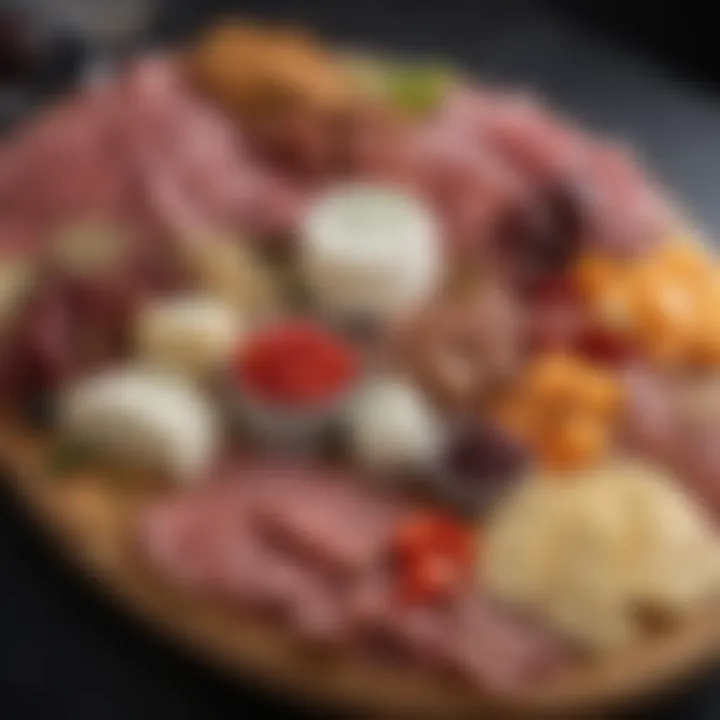 A vibrant charcuterie board with a variety of cheeses, meats, and fresh fruits