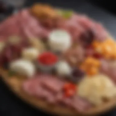 Gourmet Charcuterie Board A vibrant charcuterie board with a variety of cheeses, meats, and fresh fruits