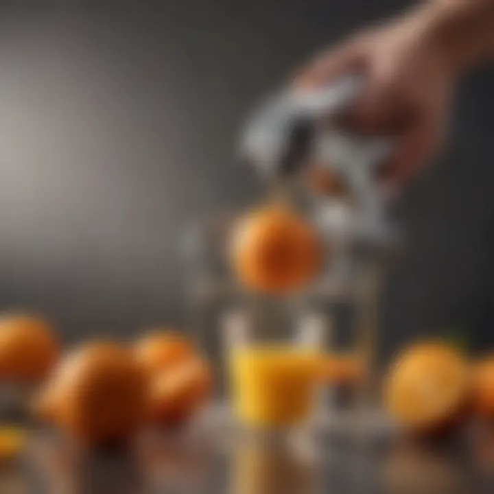 An elegant shot of a citrus squeezer in action, extracting juice from a bright orange