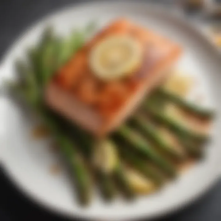 Grilled salmon served with asparagus and lemon slices on a vibrant plate