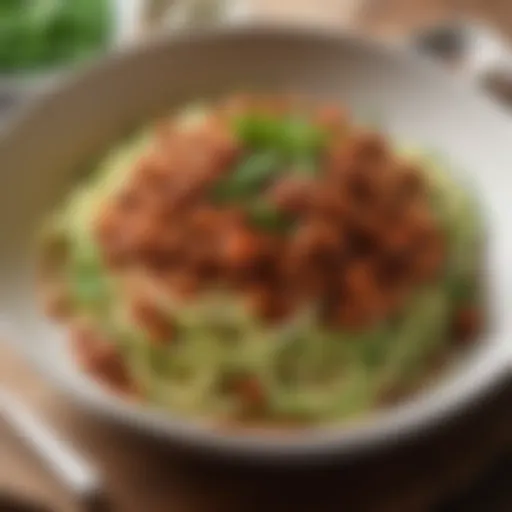 Hearty zucchini noodles in a rich meat sauce with fresh herbs