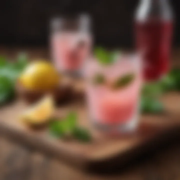 Keto pink drink served with a slice of lemon and mint leaves on a wooden table