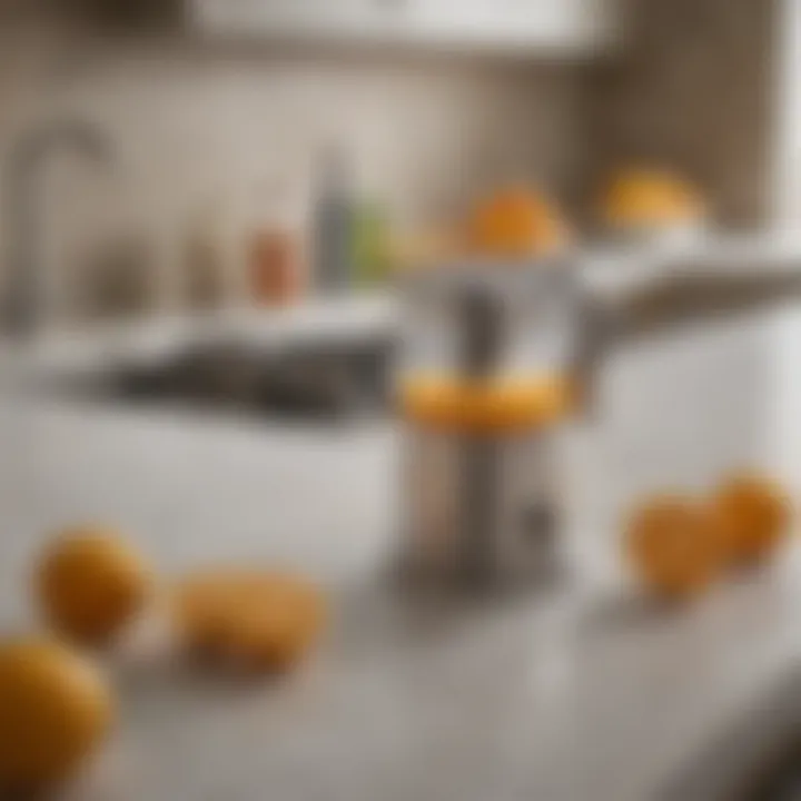 A well-organized kitchen countertop featuring a manual citrus squeezer along with cleaning supplies