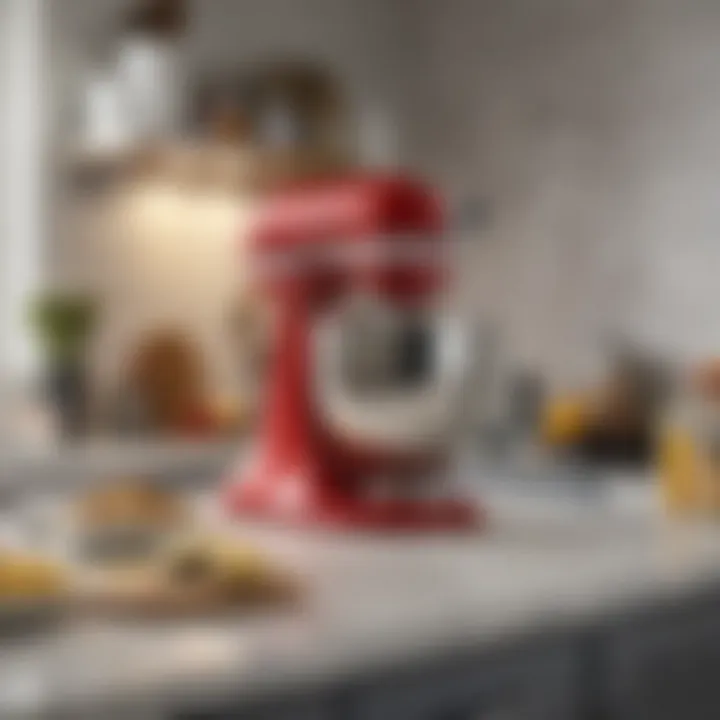 An organized kitchen countertop featuring a KitchenAid mixer and its attachments.