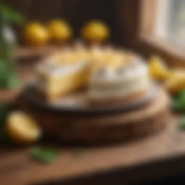 A vibrant lemon meringue cheesecake showcased on a rustic wooden table, accentuated by fresh lemon slices and mint