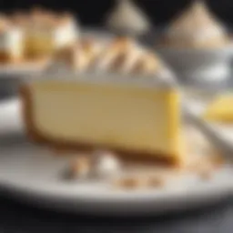 A beautifully plated slice of lemon meringue cheesecake topped with a golden meringue layer and a hint of lemon zest