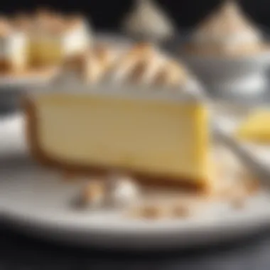 A beautifully plated slice of lemon meringue cheesecake topped with a golden meringue layer and a hint of lemon zest