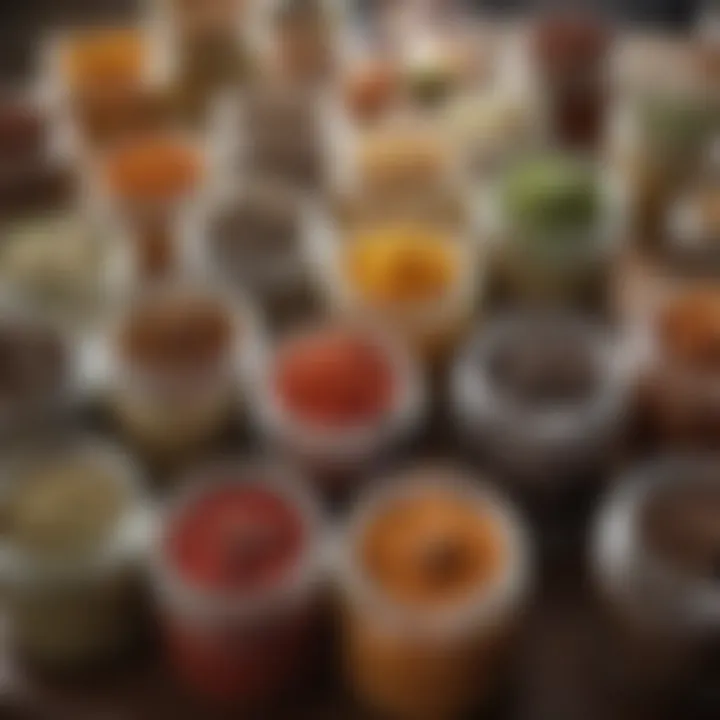 Close-up of colorful spice jars showcasing diverse flavors