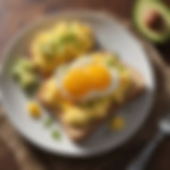 Fluffy scrambled eggs served on toast with avocado