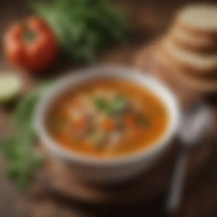 A bowl of hearty vegetable soup garnished with herbs.