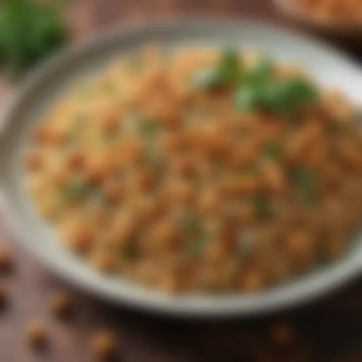 A plate of quinoa topped with roasted chickpeas and fresh herbs.