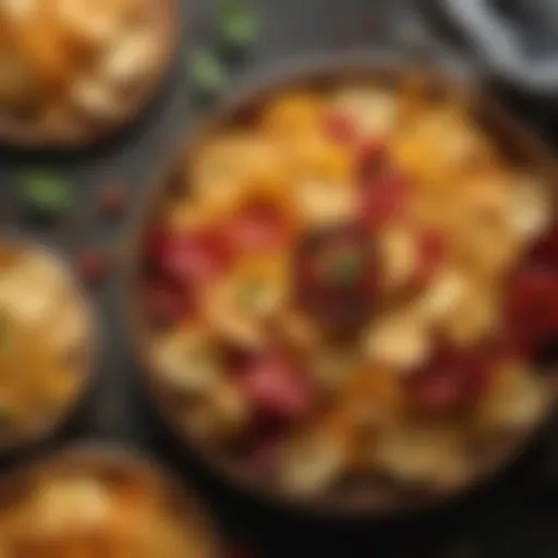 A vibrant assortment of low carb vegan chips arranged artistically on a wooden platter
