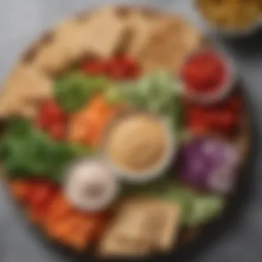 A beautifully arranged platter of whole wheat crackers paired with dips and fresh vegetables.