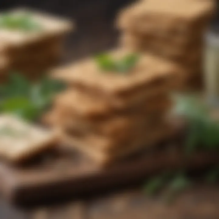 A close-up of a variety of whole wheat crackers on a wooden board with fresh herbs.