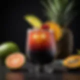 A vibrant cocktail garnished with tropical fruits, showcasing Malibu Black rum.