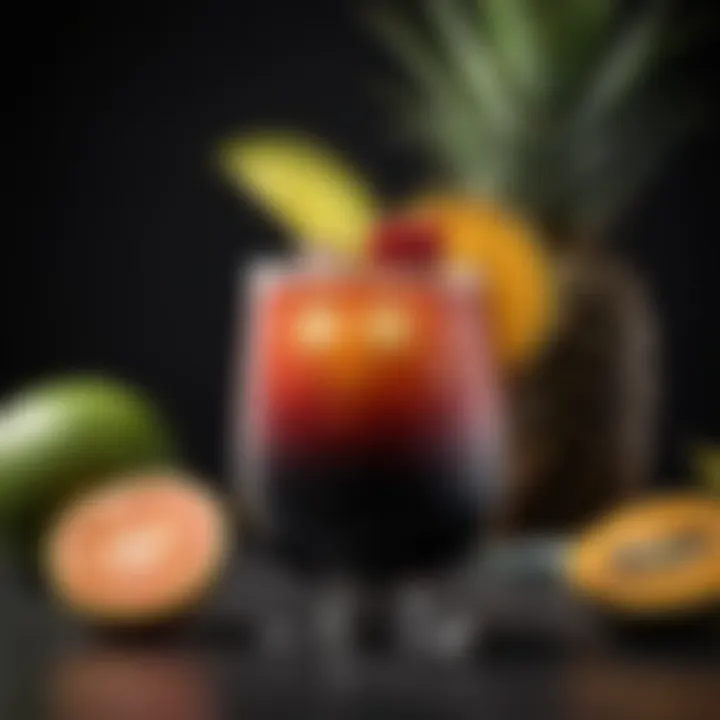 A vibrant cocktail garnished with tropical fruits, showcasing Malibu Black rum.