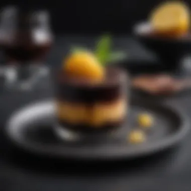 A beautifully plated dessert infused with Malibu Black rum, highlighting its rich flavor.