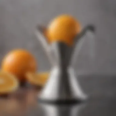 A sleek, stainless steel manual citrus squeezer showcasing its modern design and functionality