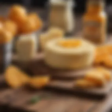 Close-up of cheddar cheese and ingredients on a wooden table