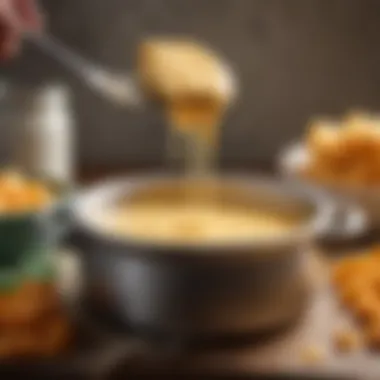 A rich and creamy cheddar cheese sauce in a saucepan