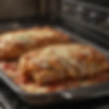 An oven timer and a dish of chicken parmesan just out of the oven, showcasing a crispy crust.