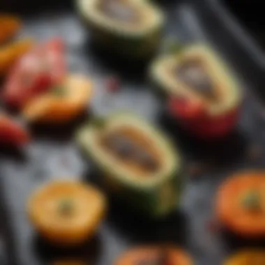 Close-up of charred zucchini and bell peppers