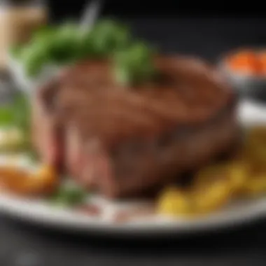 Perfectly cooked ribeye steak with garnishes