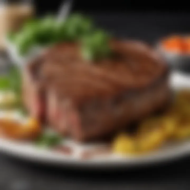 Perfectly cooked ribeye steak with garnishes