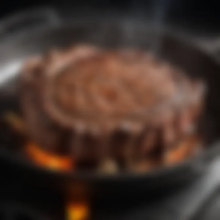 Sizzling ribeye steak on a skillet