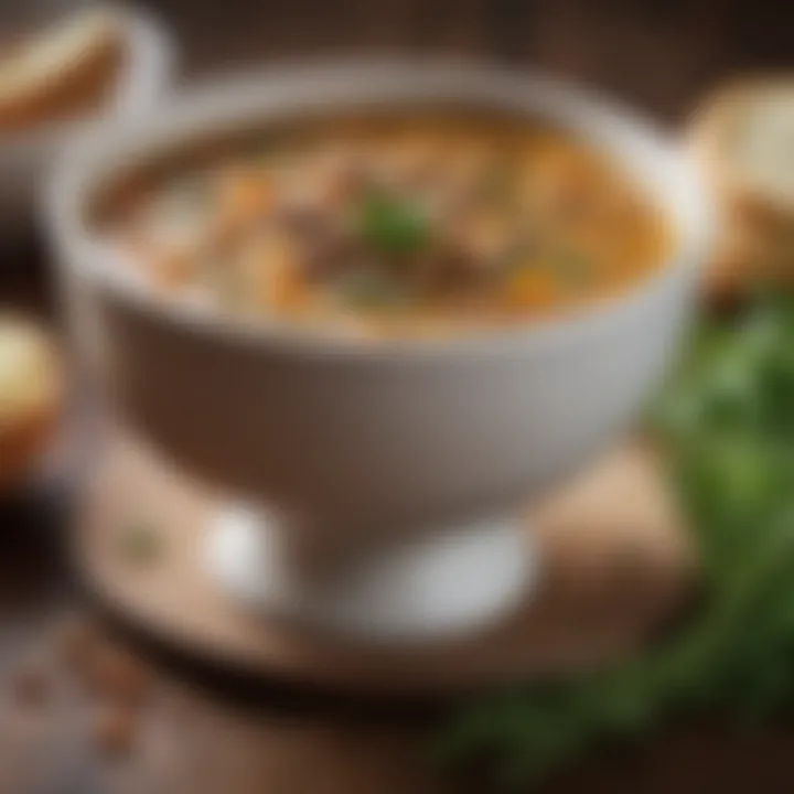 A close-up of a steaming bowl of lentil soup garnished with herbs