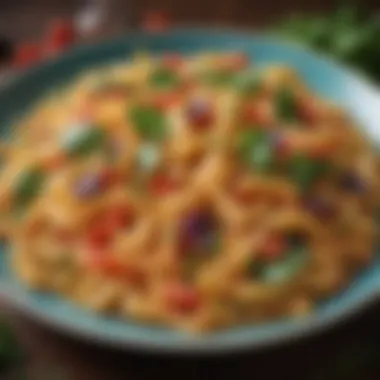 A vibrant plate of pasta with fresh vegetables and herbs