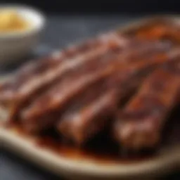 Close-up of perfectly grilled pork spare ribs on a platter, showcasing a caramelized glaze.