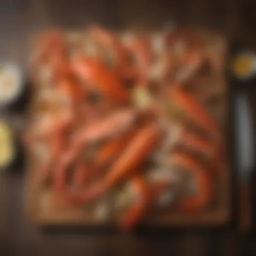 A selection of fresh crab legs displayed on a wooden cutting board, highlighting their natural colors and textures.