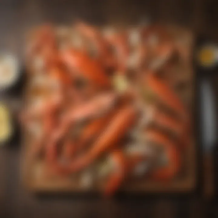 A selection of fresh crab legs displayed on a wooden cutting board, highlighting their natural colors and textures.