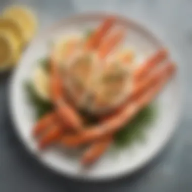 A beautifully arranged plate of baked crab legs garnished with lemon wedges and fresh herbs, exuding elegance.