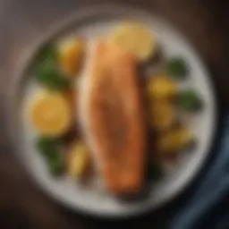 A beautifully crusted fish fillet resting on a plate with garnishes.