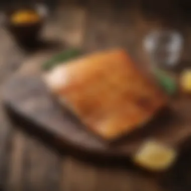 A golden-brown fish fillet displayed on a rustic wooden table.