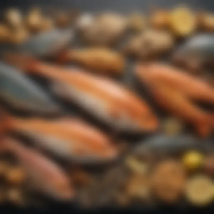 An array of different types of fish ready for breading.