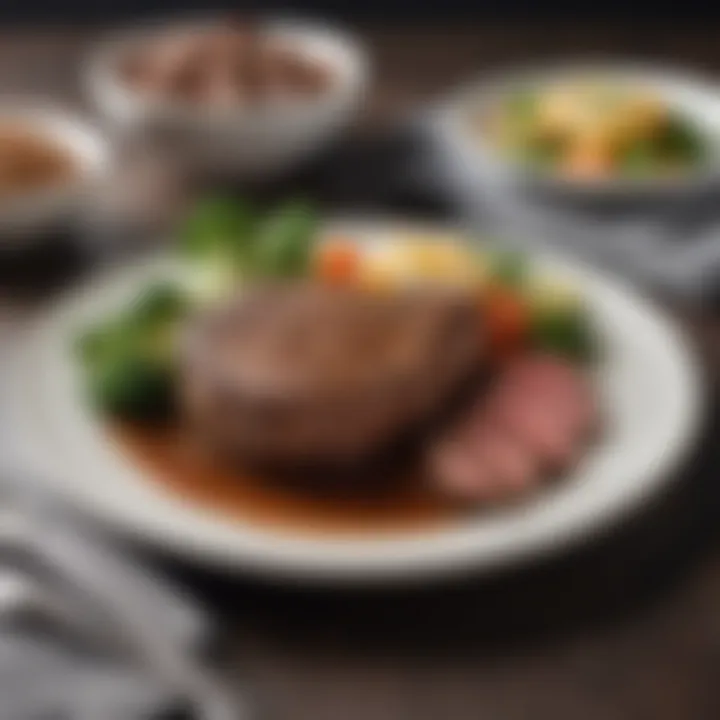 Plated steak with keto-friendly sides and garnishes