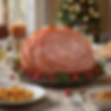 A vibrant table set for a festive meal featuring spiral ham as the centerpiece